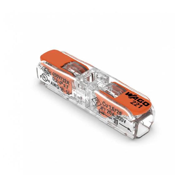 Conector de Emenda 2 polos reto 0,2 A 4,0mm 32a - Wago 221-2411 Menor preço em Conector de Emenda 2 polos reto 0,2 A 4,0mm 32a - Wago 221-2411