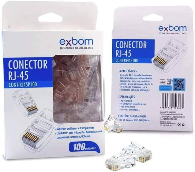 Conector Macho Rj45 Cat5e - Exbom - Pacote C/ 100 Unidades Menor preço em Conector Macho Rj45 Cat5e - Exbom - Pacote C/ 100 Unidades