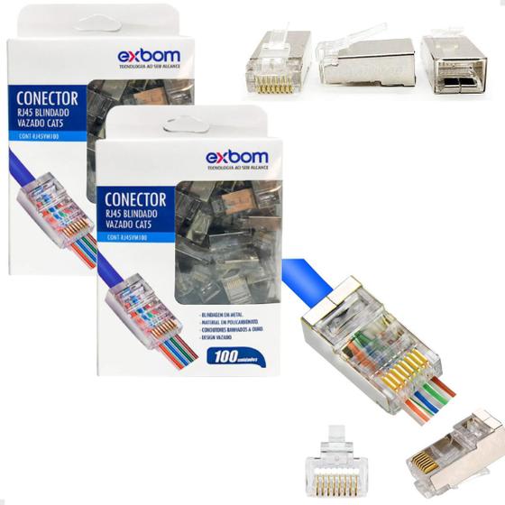 Imagem de Conector Passagem Vazado Blindado RJ45 Cat5 Rede Kit 100 / 200 / 300 / 400 / 500