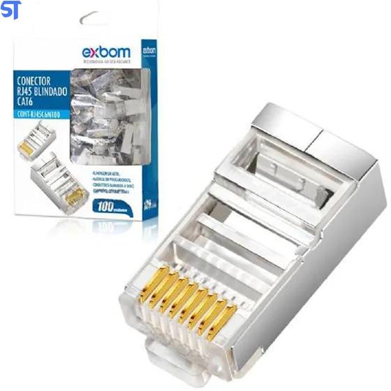 Imagem de Conector Rj45 Cristal Blindado Cat6E Exbom Gigabit Ethernet