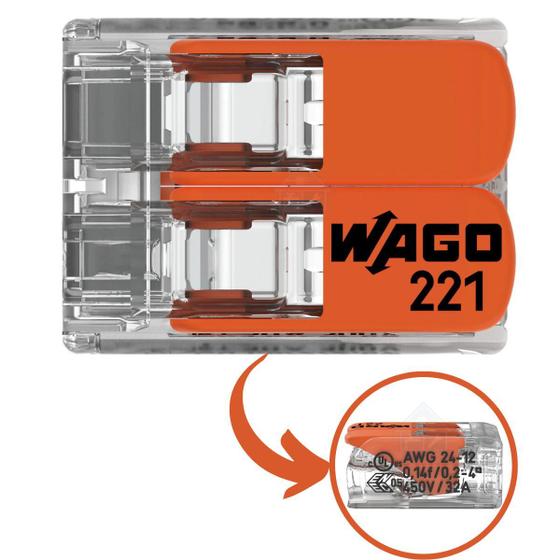 Imagem de Conector Wago Borne Emenda Para 2 Fios Modelo 221 412 Kit 10