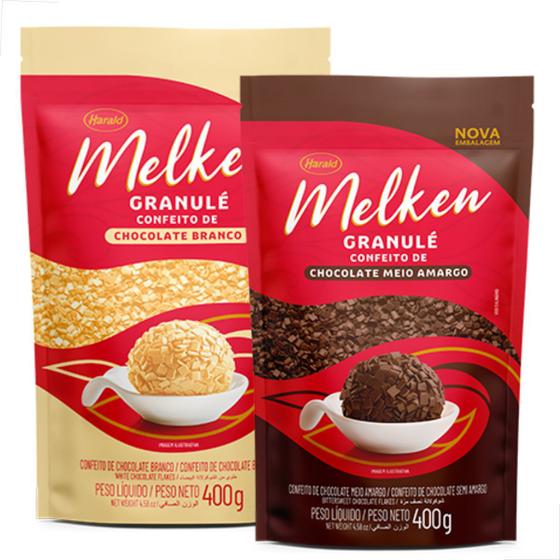 Imagem de Confeito granulé chocolate Melken 400g - kit branco e meio amargo