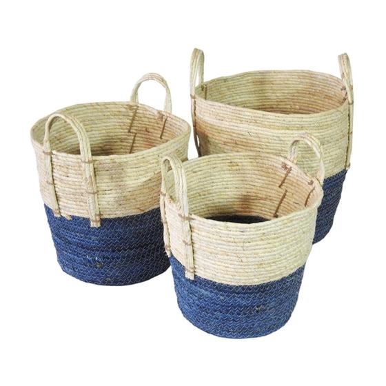 Imagem de Conj. 03 Cestos Rattan Fibra Natural Azul