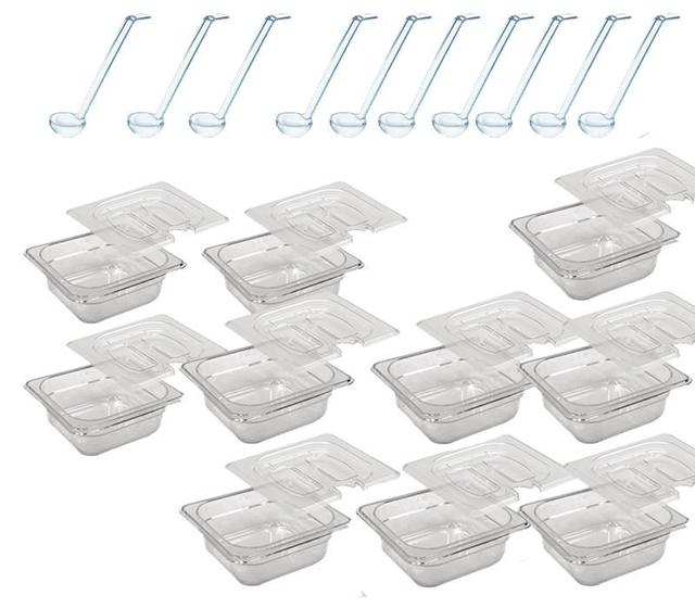 Imagem de CONJ 10 CUBAS Gastronômicas Em POLICARBONATO GN 1/6X65 mm 900 ml  + 10 TAMPAS 1/6 Em POLI Com ABERTURA + 10 CONCHAS Em POLI CAMBRO