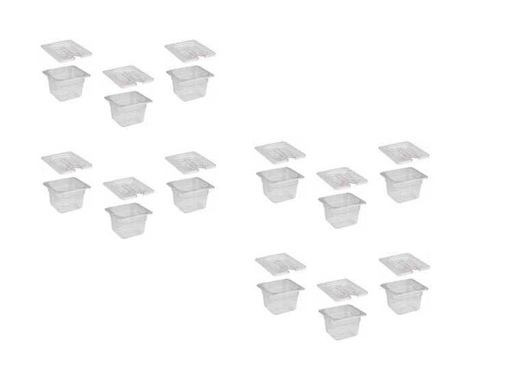 Imagem de CONJ 12 CUBAS Gastronômicas Em POLICARBONATO GN 1/6X100 mm 1,5 Litros + 12 TAMPAS 1/6 Em POLI Com ABERTURA Para COLHER CAMBRO