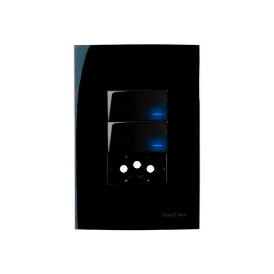 Imagem de Conj. 2 Interruptor Simples C/ Led  + Tomada 20A Preto Brilho Brilhante Margirius EBONY SLEEK