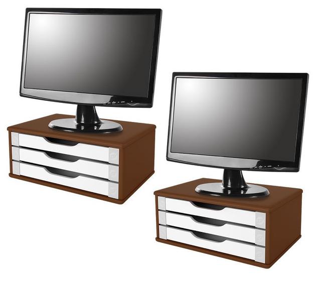 Imagem de Conj 2 Suporte de Mesa Para Monitor Em MDF Tabaco Com 3 Gavetas Brancas Souza Referência 3345