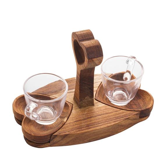 Imagem de Conj 2 xícaras de café de cristal, pires e suporte madeira - woodart