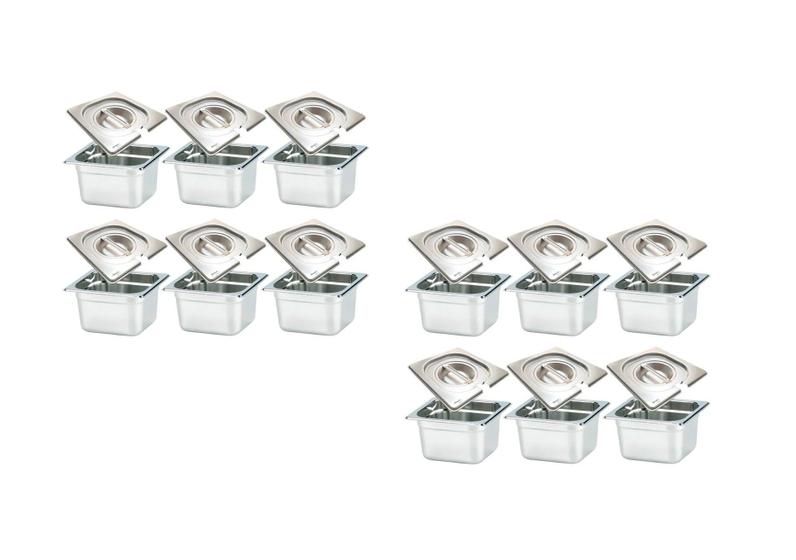 Imagem de CONJ 20 CUBAS Gastronômicas Em INOX GN 1/6x100 mm 1,5 Litros + 20 TAMPAS 1/6 Em INOX Com ABERTURA Para Colher ZAHAV