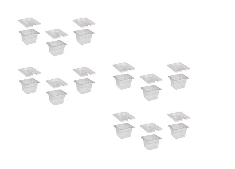 Imagem de CONJ 21 CUBAS Gastronômicas Em POLICARBONATO GN 1/6X100 mm 1,5 Litros + 21 TAMPAS 1/6 Em POLI Com ABERTURA Para COLHER e CONCHA CAMBRO