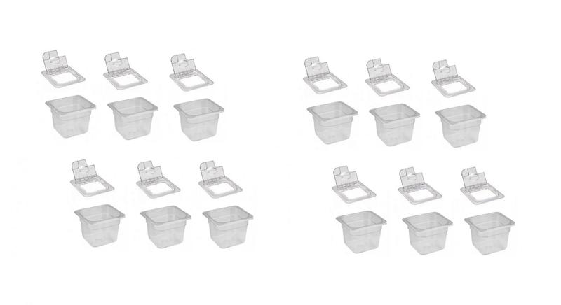 Imagem de CONJ 28 CUBAS Gastronômicas Em POLICARBONATO GN 1/6X100 mm 1,5 Litros + 28 TAMPAS 1/6 Em POLI Com FLIP, DOBRADIÇA E ABERTURA SB