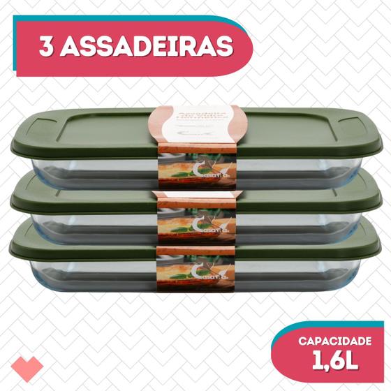 Imagem de Conj 3 Travessa Refratário Oval C Tampa 1,6L Vidro Hermético