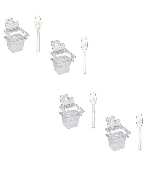 Imagem de CONJ 4 CUBAS Gastronômicas Em POLICARBONATO GN 1/6X100 mm 1,5 Litros + 4 TAMPAS 1/6 Em POLI Com FLIP, DOBRADIÇA e ABERTURA SB + 4 COLHERES 21 cm SB