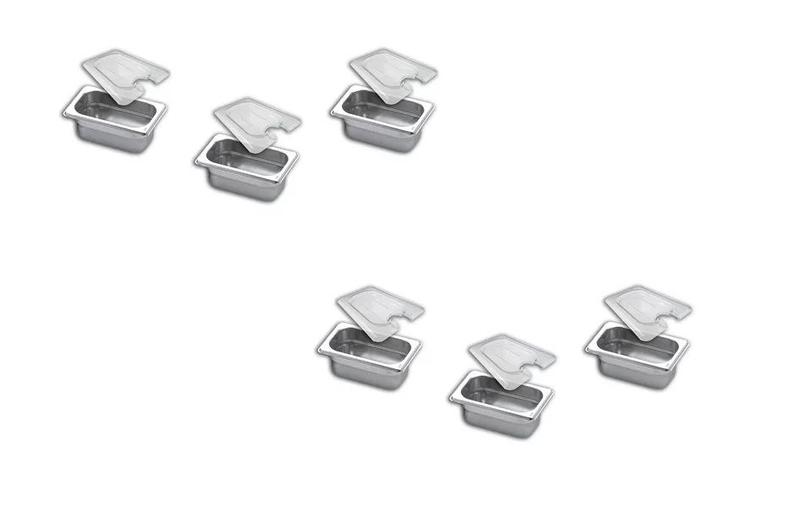 Imagem de CONJ 6 CUBAS Gastronômicas Em INOX GN 1/9x65 mm 590 ml + 6 TAMPAS Em POLI Com ABERTURA Para Colher ZAHAV CAMBRO