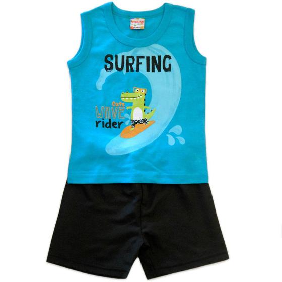Imagem de Conj. Bebê Verão Camiseta Regata Praia Jacaré Surfista e Bermuda Microfibra Menino Brandili