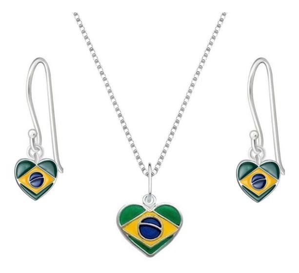 Imagem de Conj. Colar Brinco Zirconia Bandeira Brasil Coração Prata