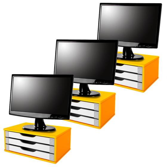 Imagem de Conj Com 3 Suportes Para Monitor Em MDF Amarelo Com 3 Gavetas Brancas Souza Referência 3356