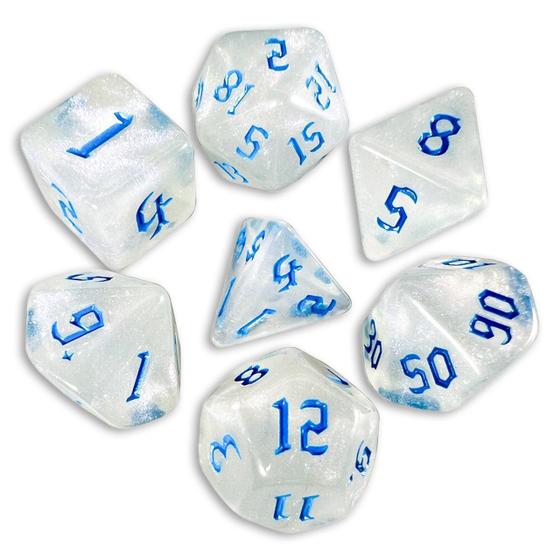 Imagem de Conj. de 7 dados Iridescente - Branco com Azul - RPG