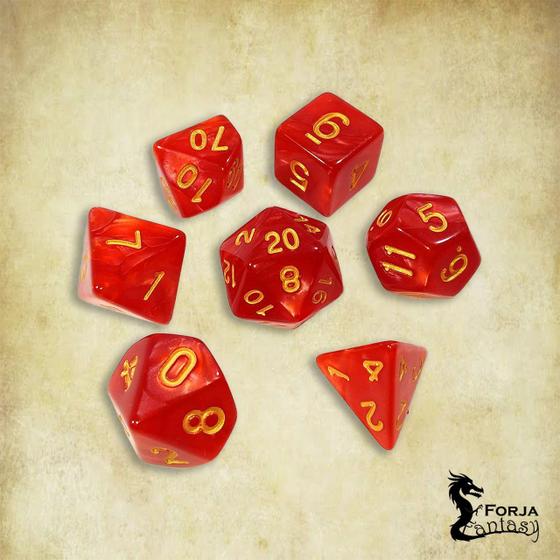 Imagem de Conj. de 7 dados - Vermelho com dourado Marmorizado - RPG