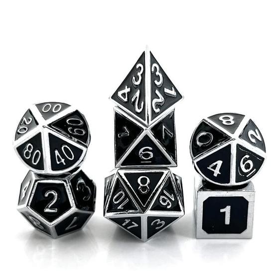 Imagem de Conj. de dados Metálicos Preto com Prata - RPG