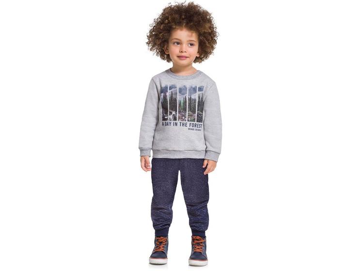 Imagem de Conj. Infantil Moletom Flanelado Estampa Floresta Cinza E Azul Marinho Mundi Menino 1-3 Anos