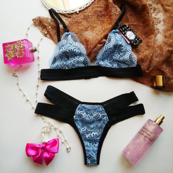 Imagem de Conj. lingerie de renda sem bojo, sem aro, forrado e com tiras de elástico trabalhado contrastante.