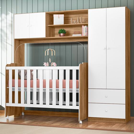 Imagem de Conjugado Quarto Infantil 4 portas, 2 gavetas Ternura com Berço Amore Nature/Branco - Peternella Móveis