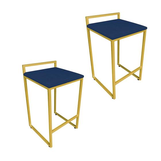 Imagem de Conjunto 02 Banqueta Alta Industrial Pietra Suede Azul Marinho Base Dourado D'Rossi