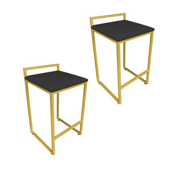 Imagem de Conjunto 02 Banquetas Alta Lavínia Suede Preto Base Dourado D'Rossi