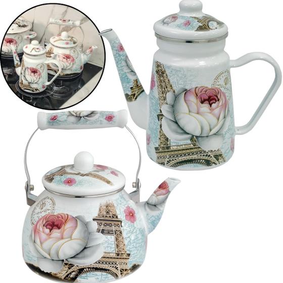 Imagem de Conjunto 02 Pçs Chaleira Esmaltada 2,5 Lts / Bule Esmaltado 1,2 Lts Com Indução Decoração Opcional A5 Importadora