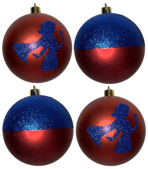 Imagem de Conjunto 04 Bolas Bolinhas Princesa Branca De Neve - Enfeites Árvore De Natal - Princesas Disney - Azul E Vermelho - Cromus