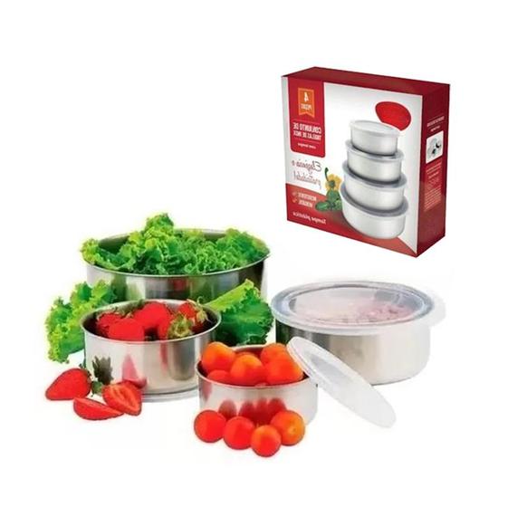 Imagem de Conjunto 04 tigelas aço inox vasilha multiuso cozinha potes com tampa