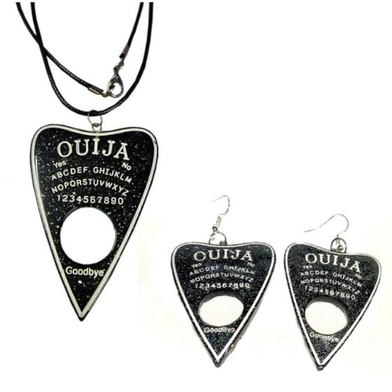 Imagem de Conjunto 1 Colar E 1 Par De  Brincos Ouija Místico Preto Com Glitter 5cm Cada Leves E Resistentes