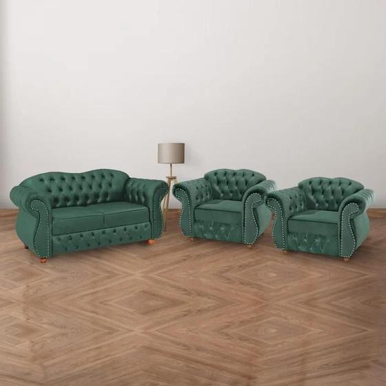 Imagem de Conjunto  1 Namoradeira + 2 Poltronas Chesterfield Merlô Suede Verde Musgo / Decoração, barbearia, sala, recepção