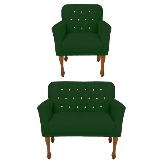 Imagem de Conjunto 1 Poltrona e Namoradeira Estofada Com Botões de Strass Anitta Suede Verde DL Decor