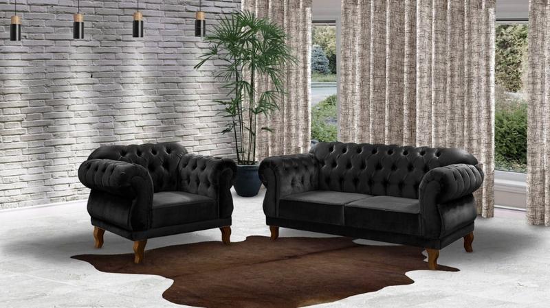 Imagem de Conjunto 1 Sofá 2 lugares 1,80cm + 2 Poltronas Chesterfield Elisabeth Veludo preto