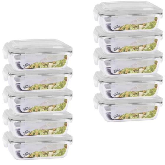 Conjunto 10 Potes Retangular 640 ml Marmita Fit 4 Travas Menor preço em Conjunto 10 Potes Retangular 640 ml Marmita Fit 4 Travas