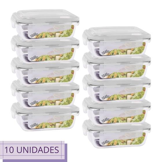 Imagem de Conjunto 10 Potes Retangular Vidro Hermetico c Trava 1040 ml