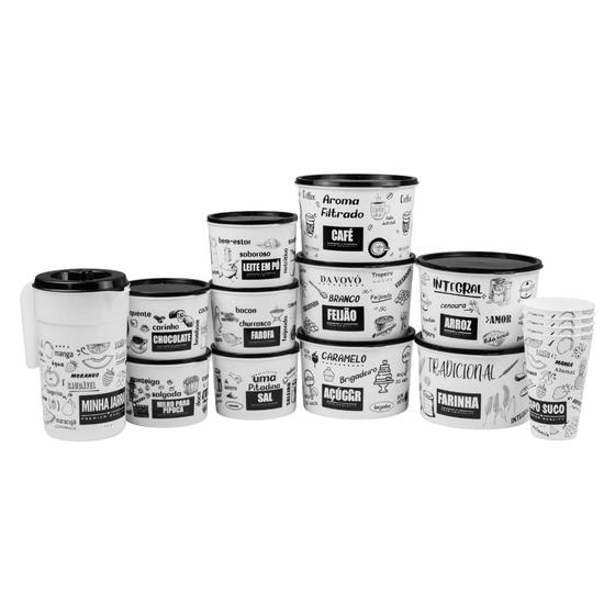 Imagem de Conjunto 15 Potes Mantimentos Plástico Com Tampa Decorado Black White Cozinha Exclusivo