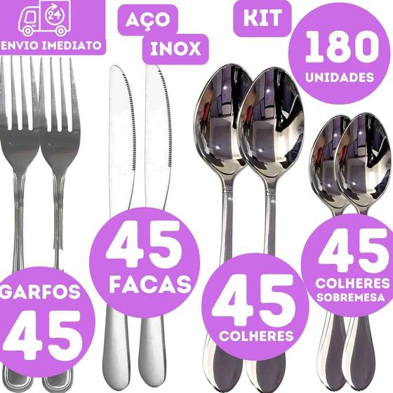 Imagem de Conjunto 180 Talheres Inox  45 Garfo 45 Faca 45 Colher Mesa 45 Colher Sobremesa Utensilios de Cozinha Casa Nova