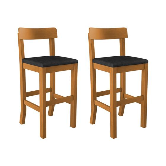 Conjunto 2 Banquetas Alta Orlando Mel Base em Madeira Maciça Assento Estofado Preto - WOOD MOBILIA Imagem de Conjunto 2 Banquetas Alta Orlando Mel Base em Madeira Maciça Assento Estofado Preto