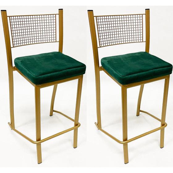 Conjunto 2 Banquetas Média para Cozinha Empilhável cor Dourado Fosco assento veludo verde Altura 65cm Menor preço em Conjunto 2 Banquetas Média para Cozinha Empilhável cor Dourado Fosco assento veludo verde Altura 65cm