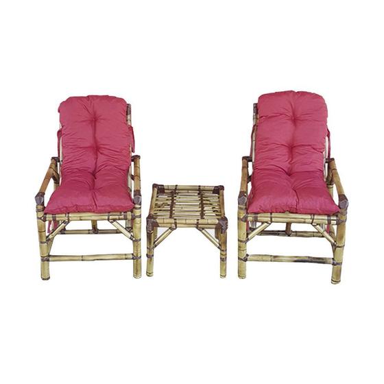 Imagem de Conjunto 2 Cadeiras Com Mesa De Bambu e Almofada Vermelho