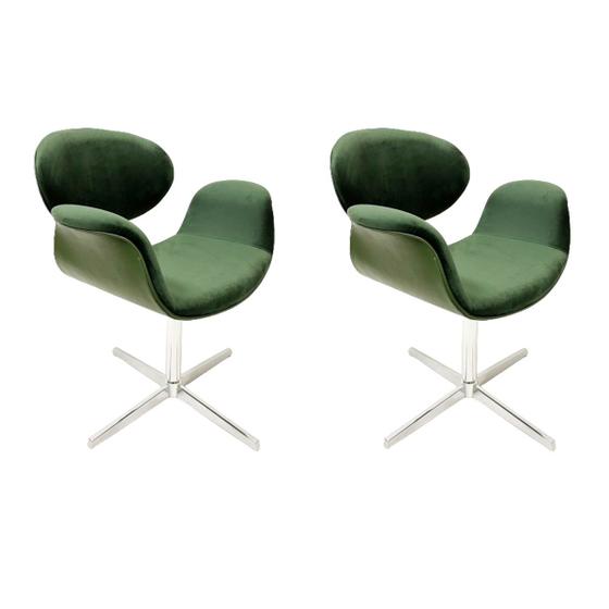 Imagem de Conjunto 2 Cadeiras Tulipa Verde Estofada com Braço base Giratória em Alumínio