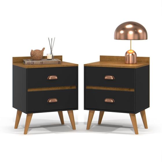 Imagem de Conjunto 2 Mesa De Cabeceira Estilo Retrô Pés AntiUmidade Madero 2 Gavetas Com Prateleira