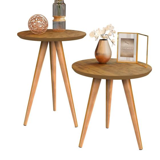 Conjunto 2 Mesas Redonda Classic Pés Pinus/Conicos Decoração Cor Freijo Menor preço em Conjunto 2 Mesas Redonda Classic Pés Pinus/Conicos Decoração Cor Freijo