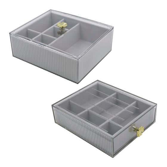 Imagem de Conjunto 2 Organizadores Multiúso Porta Joias Portátil Divisória Gaveta Tampa P/ Acessórios Veludo Bijuteria Empilhável