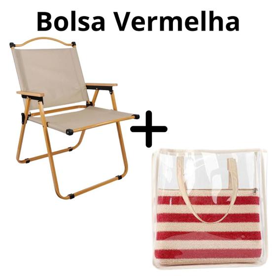 Imagem de Conjunto 2 Pçs Cadeira com Apoio em Madeira Retro + Bolsa 2 Em 1 Impermeável Praia Piscina Camping