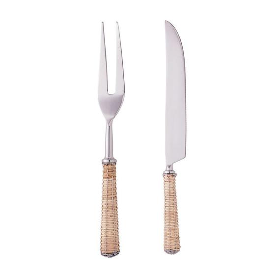 Imagem de Conjunto 2 Peças Garfo e Faca de Aço Inox para Assados com Cabo em Rattan Wolff