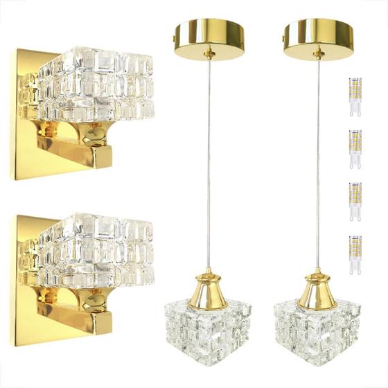 Imagem de Conjunto 2 Pendentes 2 Arandelas De Cristal K9 Dourado + Led